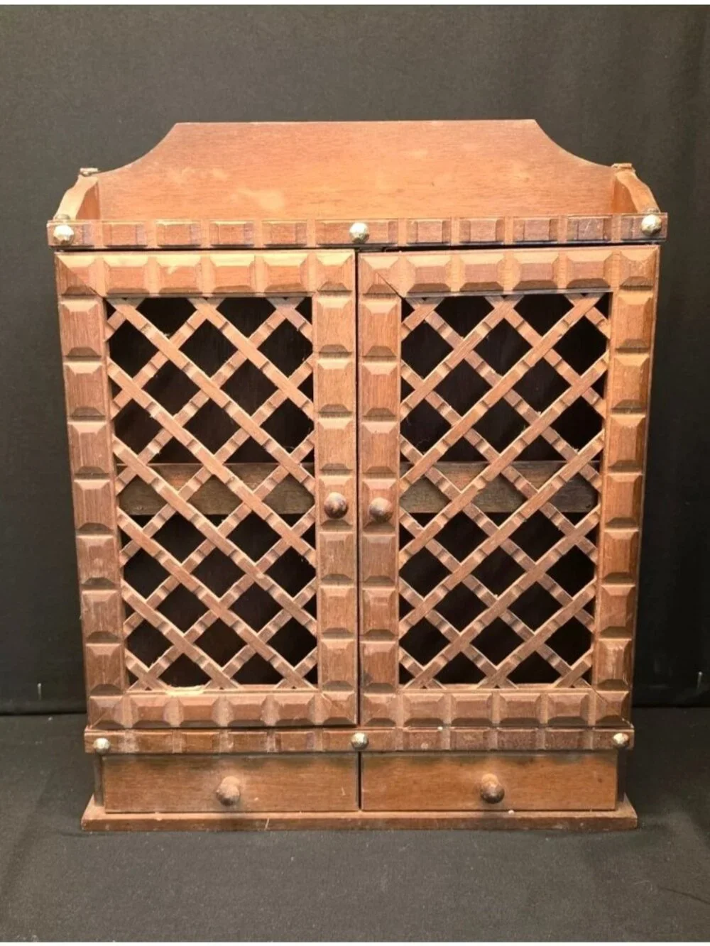 Vintage Wooden Wall Mount Spice Rack Lattice Doors Mini Drawers Retro Kitchen